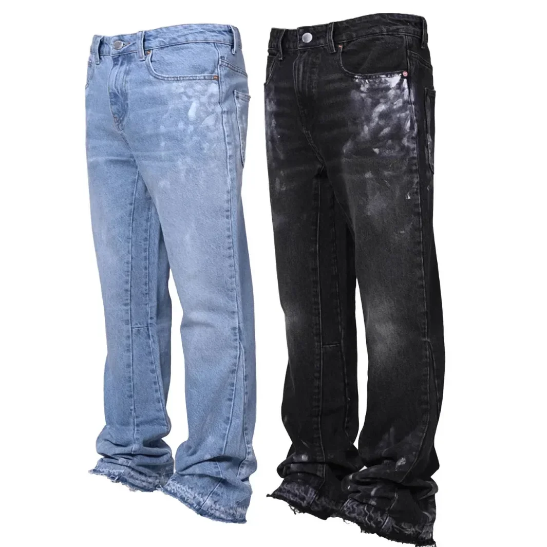 Jeans Men Vintage Straight Pants Mid Waist Stretch Distressed Washed Pockets Button Basics Trousers Streetwear Denims