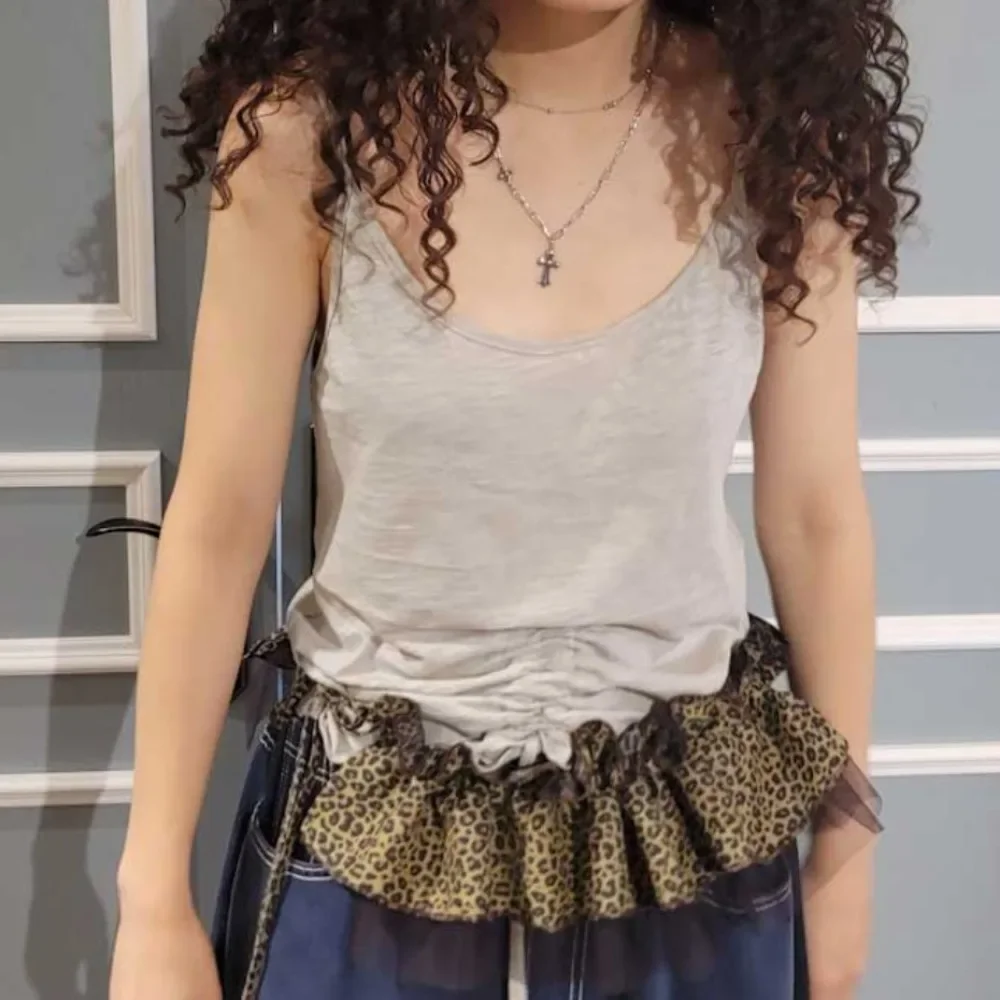 الهيب هوب ليوبارد طباعة وشاح الورك تنورة قميص موسع الحلو تكدرت حافة حزام شبكة Y2K طبقة وتتسابق حزام