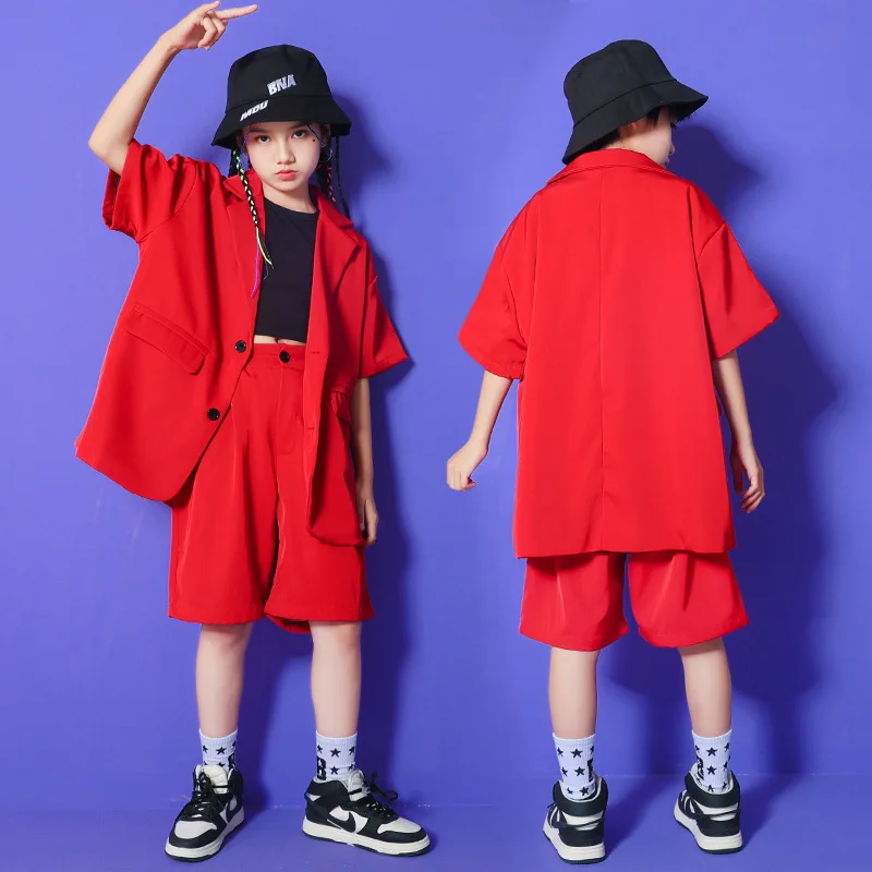 

Kid Kpop Hip Hop Clothing Red Blazer Shirt Short Sleeve Suit Jacket Top Summer Shorts for Girl Boy Jazz Dance Costume Clothes