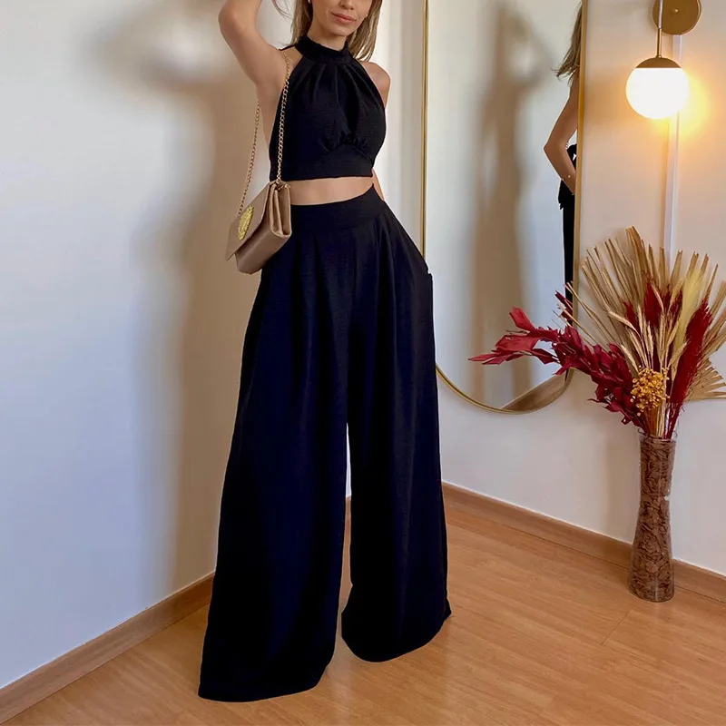 Ensemble décontracté à la mode avec pantalon taille haute coupe couvertes pour femme, face au cou, ensemble 2 pièces