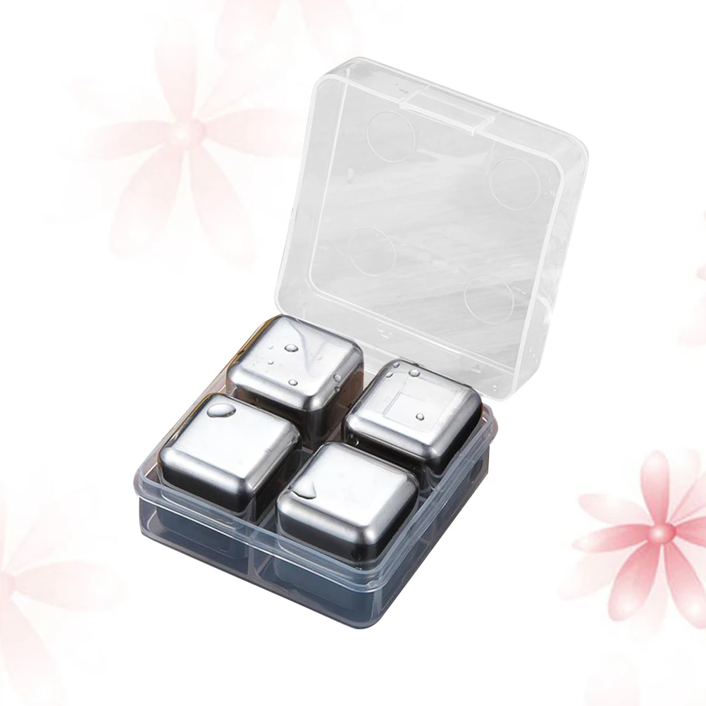 

4Pcs Stainless Steel Ice Stones Square Reusable Whiskey Wine Chilling Cubes Set with Storage Case for Vodka Beer Drinks Silver