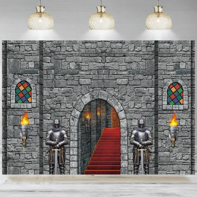 Medieval Party Backdrop Decorations Castle Arched Door Window Knight Photography Stone Wall Background Themed Party Banner