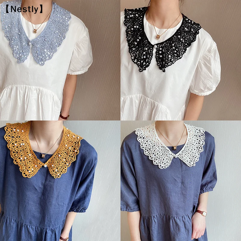 Women Sweet Shirt Detachable Doll Fake Collar Hollow Out Floral Lace Ruffled Trim False Collar Woman Fake Collar Shawl〔Nest〕