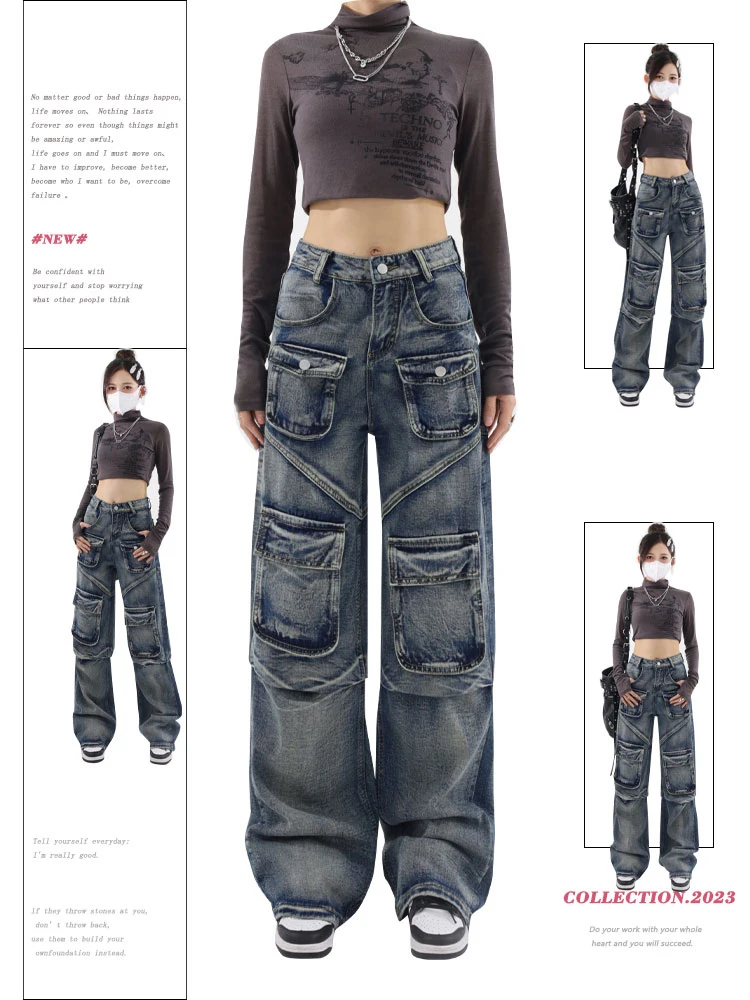 

Women's Vintage Blue Cargo Jeans Y2k 90s Aesthetic Baggy Straight Denim Trousers 2000s Harajuku Wide Cowboy Pants Trashy Clothes