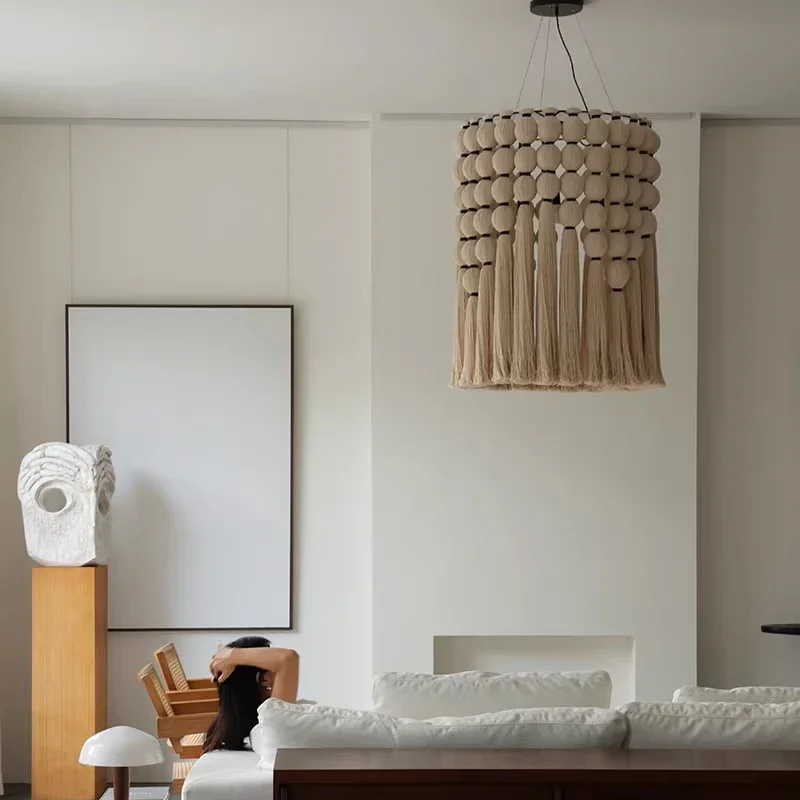 Living Dining Room Bedroom Pendant Light Lamp Fixture Nordic Wabi Sabi Minimalist Handmade Cotton Rope Bosnian Tassel Chandelier