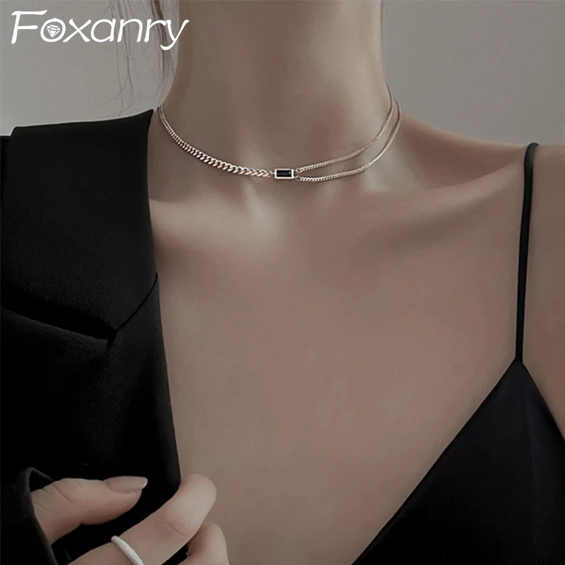 Foxanry Black Zircon Asymmetry Chain Chokers Necklaces For Women Girls Creative Elegant Fashion Simple Anniversary Jewelry Gifts