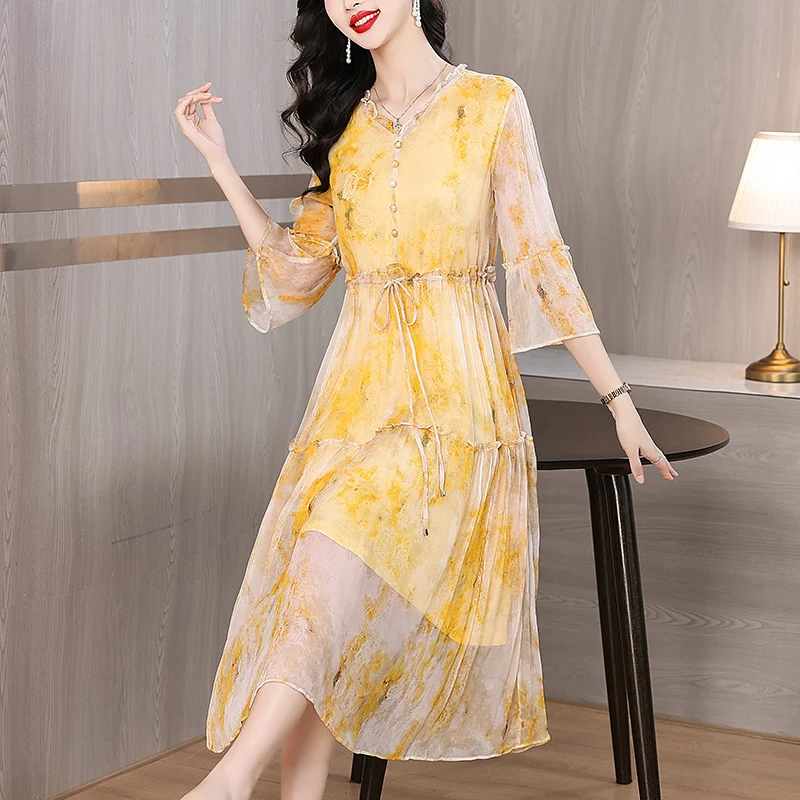 

2025 Spring Summer Floral Silk Midi Dress Women Vintage Boho Fashion Casual Light Dress Korean Elegant Luxury Festival Vestidos