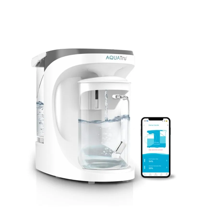 AquaTru Carafe Smart Countertop Water Purifier App-Connected 4-Stage Reverse Osmosis System with Glass Carafe Removes Forever C
