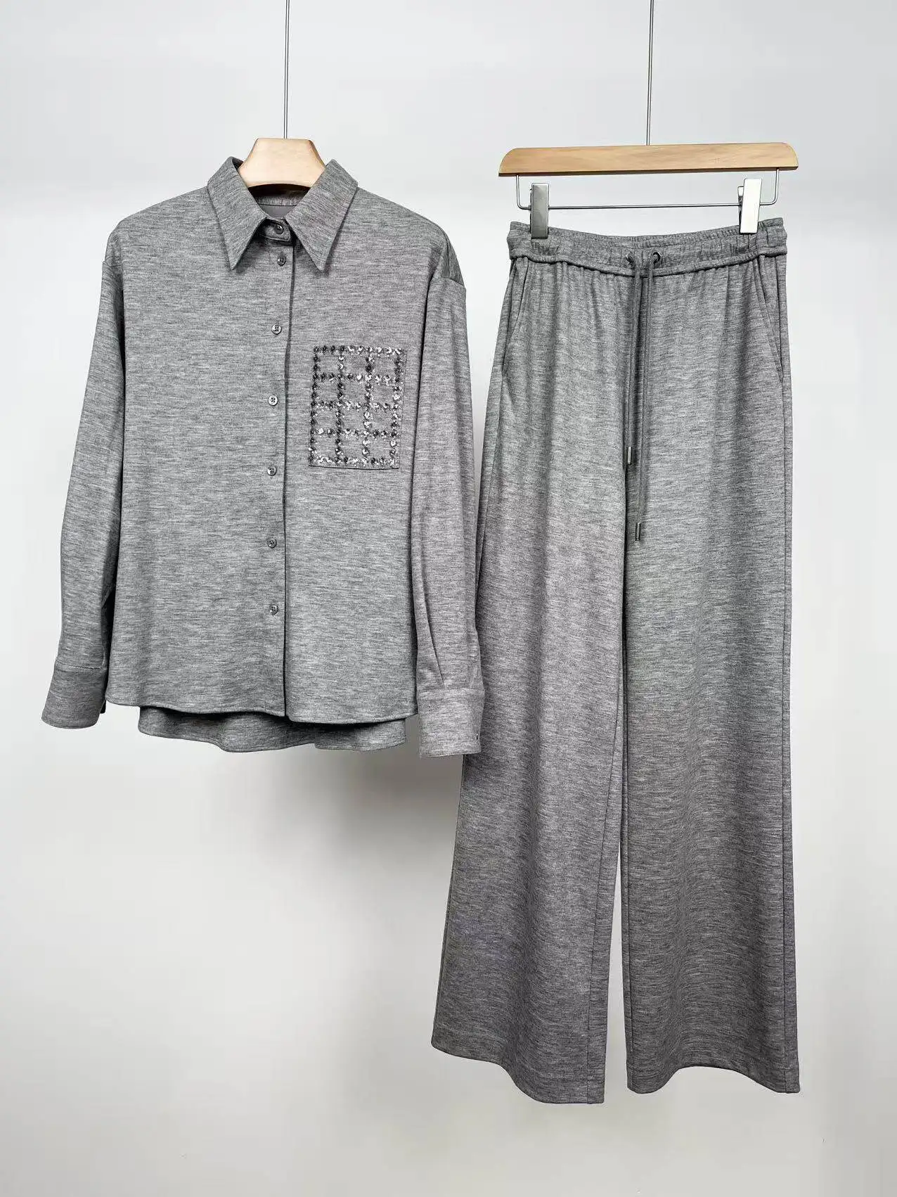 2026 Autumn New High-end Collar Pocket Sequined Wool Shirt Paired With Straight Leg Pants Two-piece Set