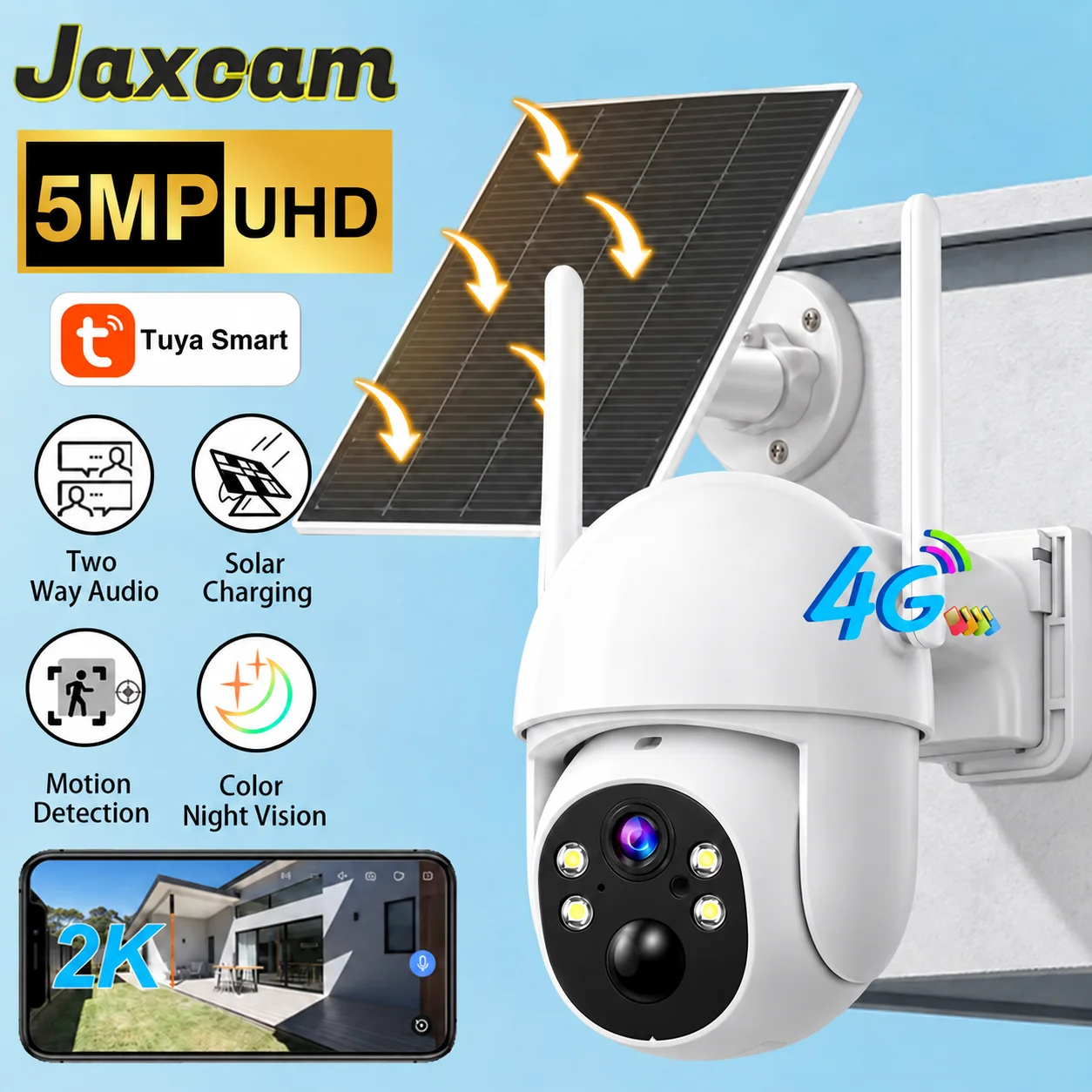 Tuya Smart Life Home 4G SIM Card Lifetime Data 5MP Surveillance Smart Security Camera Solar PTZ 2-Way Audio PIR Detection Camera