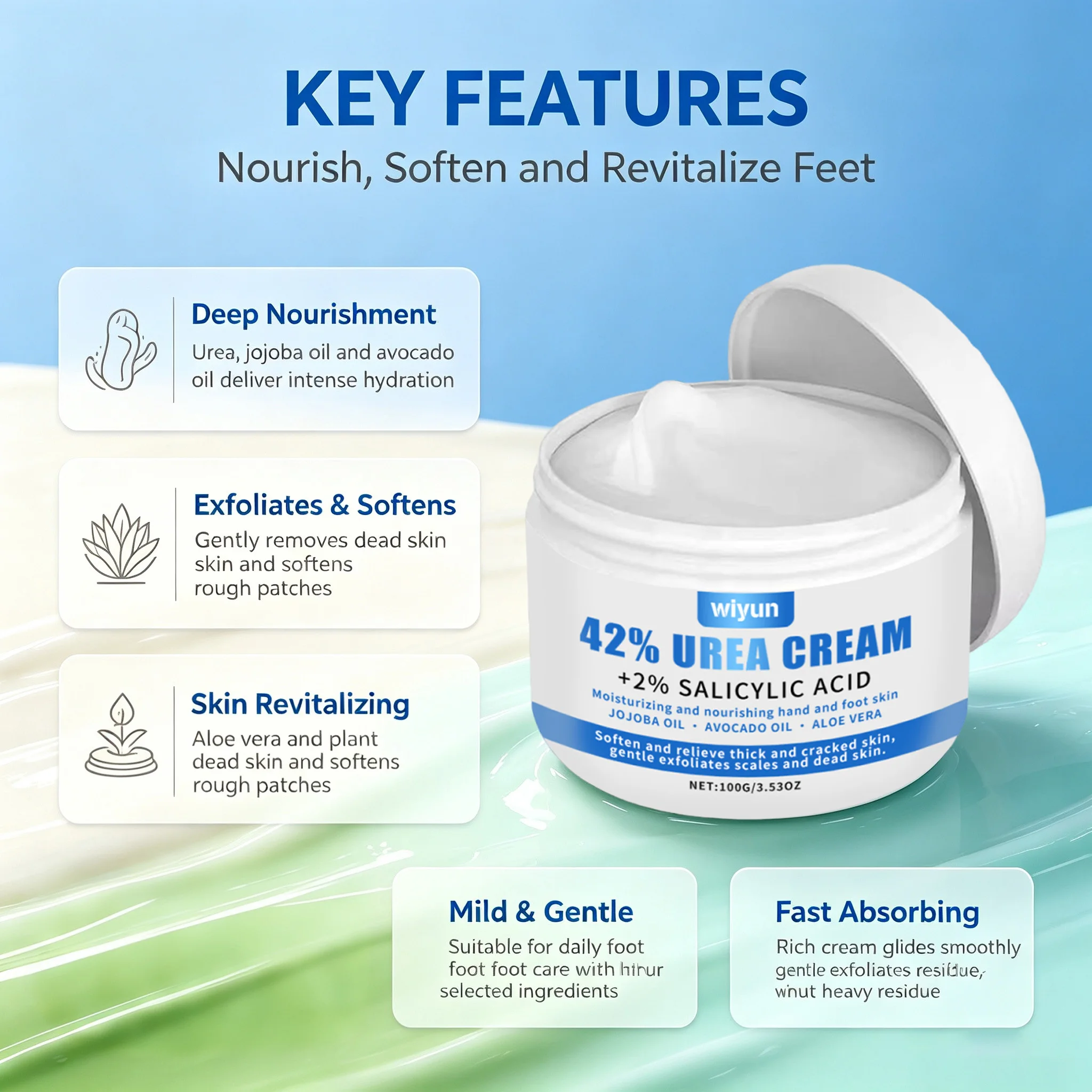 42% Urea Foot Cream with Salicylic Acid 2% Softening Smoothing Dry Cracked Rough Skin Anti-Crack Exfoliating Softening Foot Care