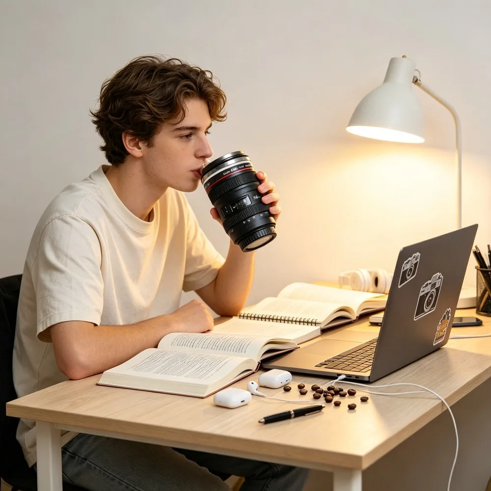 Stainless Steel DSLR Camera Lens Mug Creative Tumbler Coffee Cup Office Student Unisex Gift Birthday Travel Souvenir Party