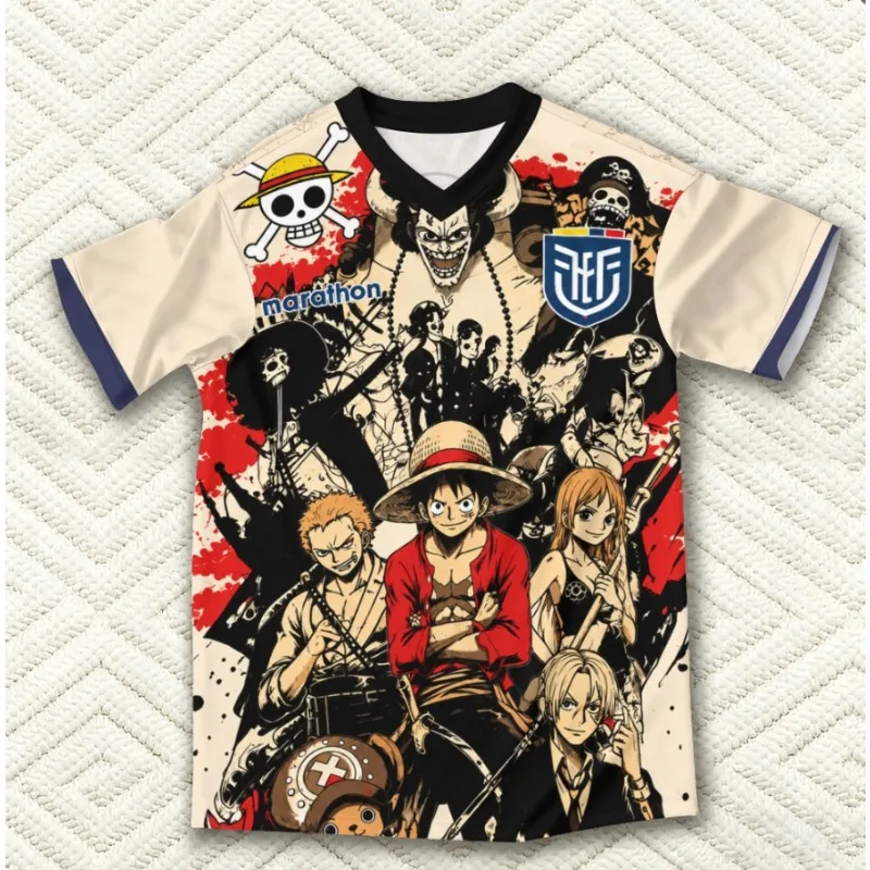 Camiseta de Anime de One Piece con Luffy, Zoro, Sanji y Nami, Estilo Retro de Cómic, Color Block, Cuello en V, Manga Corta