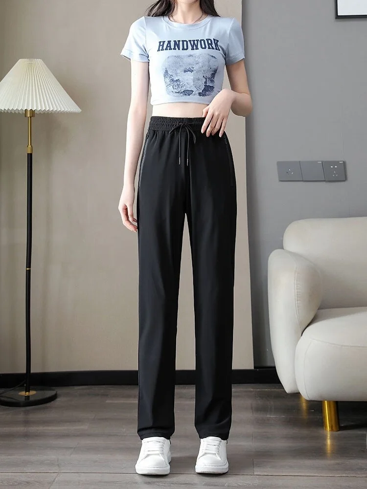 

Женские спортивные брюки из ледяного шелка, быстросохнущие, летние, тонкие, удлиненные, повседневные, для высоких, очень длинная версия, широкие штанины, большие размеры, спортивные штаны