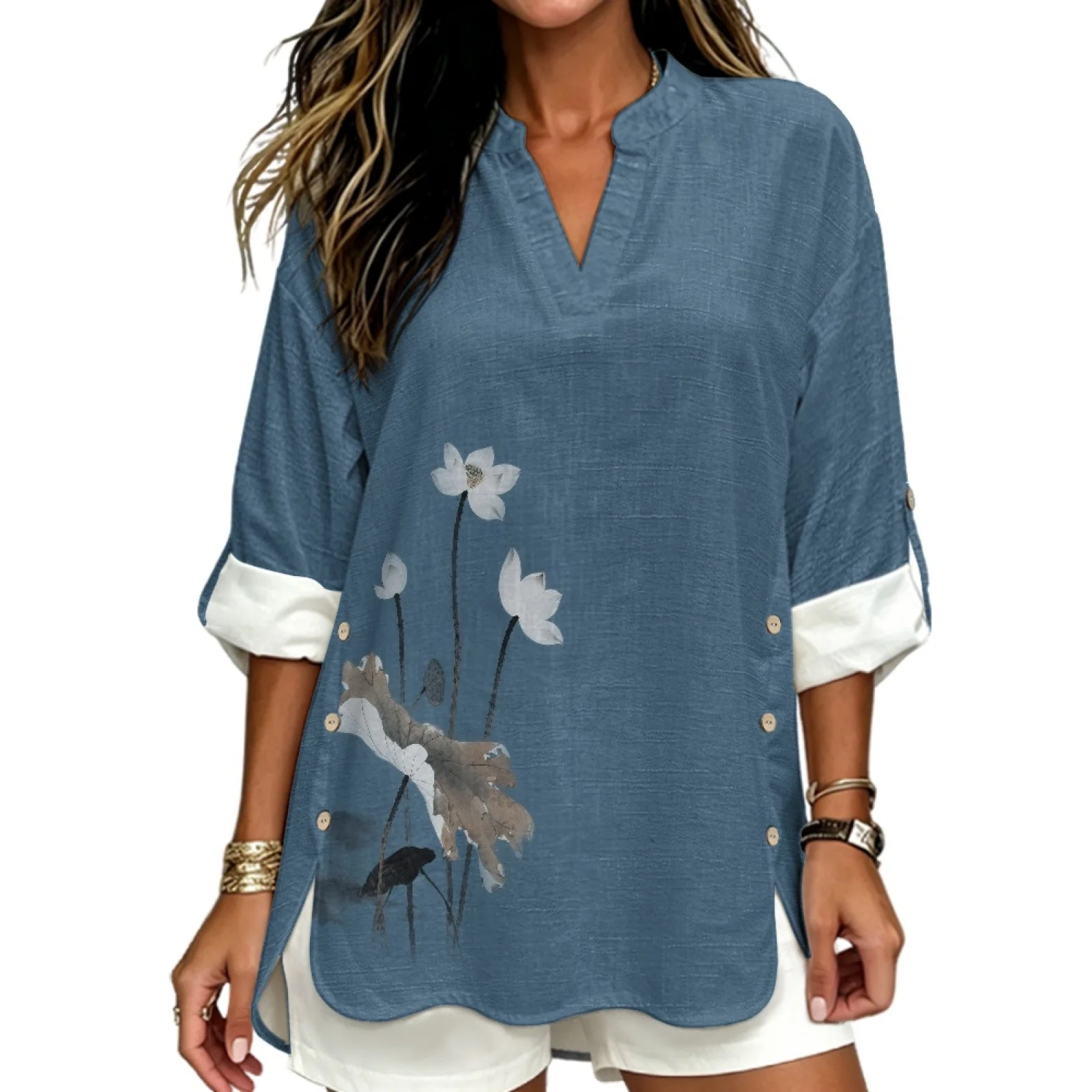 INSTANTARTS Roupas Feminina Women's Linen V-neck Shirt Flower Shirt for Women Blusas Elegantes De Mujer Tendencia 2026 S-3XL