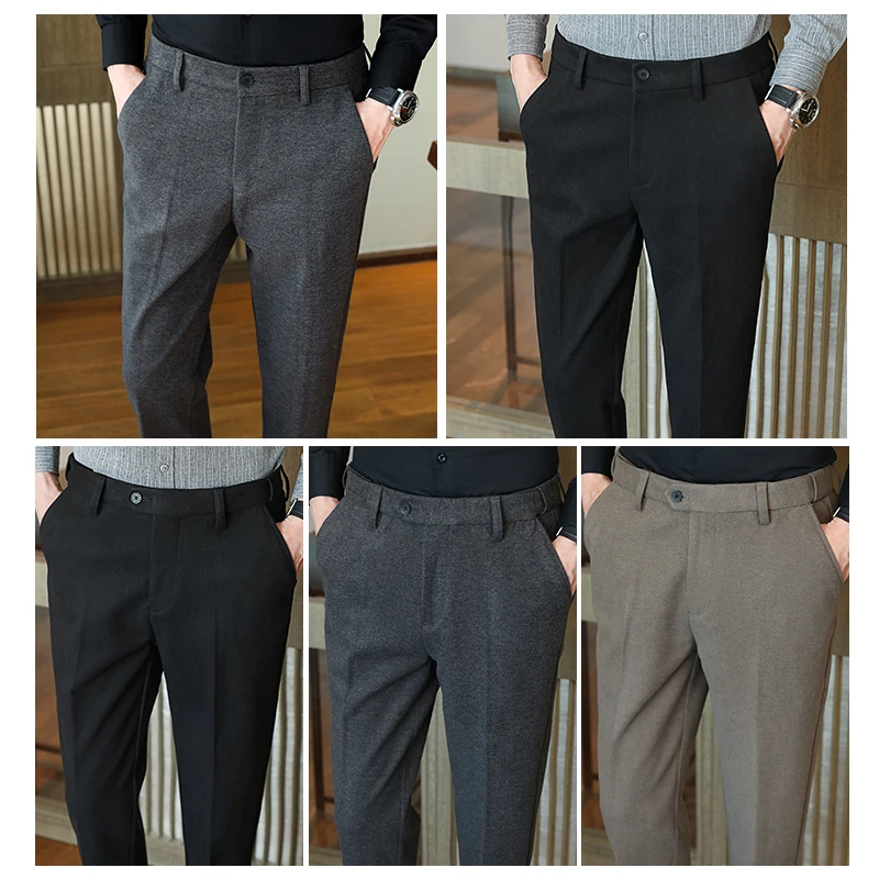 

2025 Autumn and Winter Coffee Stretchable Waist Thickened Brushed Casual Pants for Men,multi-color Thick Men's Woolen Suit Pants