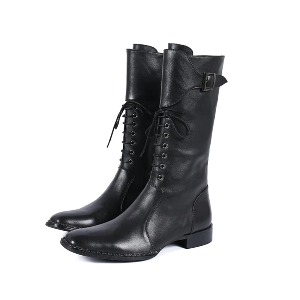 

Genuine Leather High Heels Square Toe Black Long Boots Male Cross-Tied Zipper Fashion Wedding Formal Party British Style Shoes