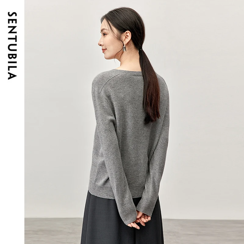 SENTUBILA 100% Wool Pullovers Women Autumn Winter 2024 Casual Loose O Neck Long Sleeve Knitwear Commute Sweater W43H56837