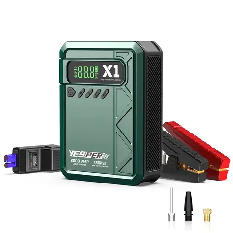 YESPER 2000A Пусковое устройство и воздушный компрессор 150PSI – Power Bank 12000 мАч с LED-экраном, насос для накачки шин для бензиновых двигателей 8 л/дизельных двигателей 6 л