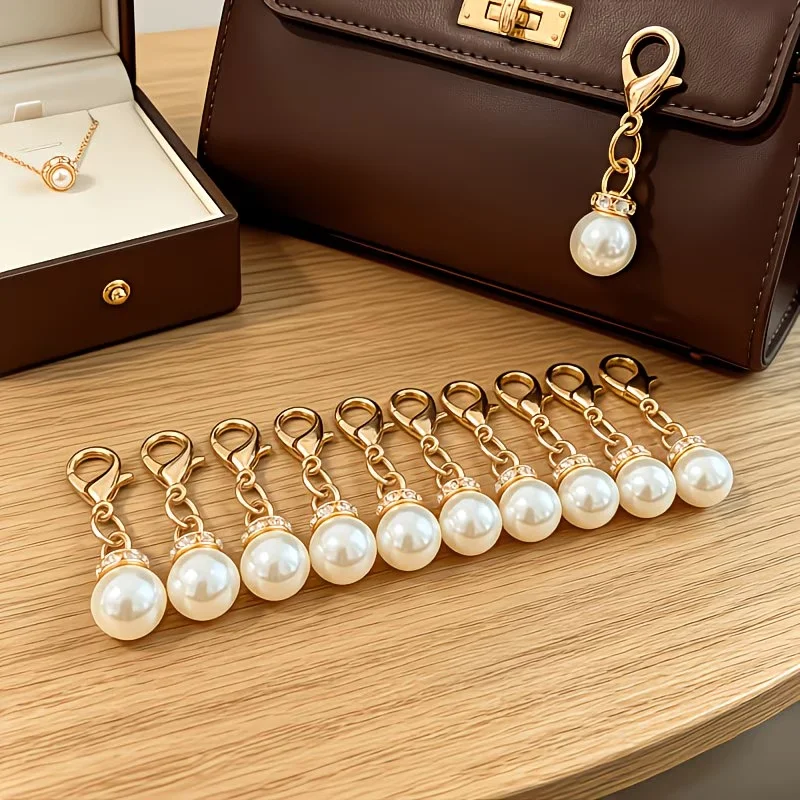 5Pcs Light-Luxury Imitation Pearl Shoe & Bag Charms, Rhinestone Lobster Clasp Pendants, Versatile Decor Accessories for Keychain