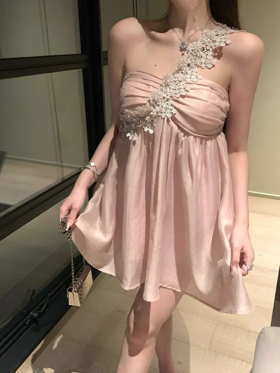 

Розовое милое сексуальное шикарное платье с разрезом на шее, женское бальное платье феи, юбка трапециевидной формы с высокой талией, длина на одно плечо