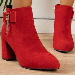 Stivaletti da donna 2024 inverno nuovi stivali da donna in pelle scamosciata rossa comodi tacchi alti con plateau grosso scarpe eleganti da donna