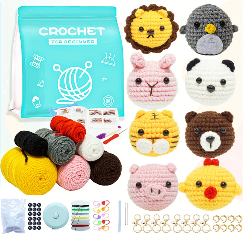 

8Pcs Crochet Kit For Beginner Complete Crochet Knitting Kit Cute Animal Dolls Starter Pack with Yarn Keychain DIY Crochet Craft