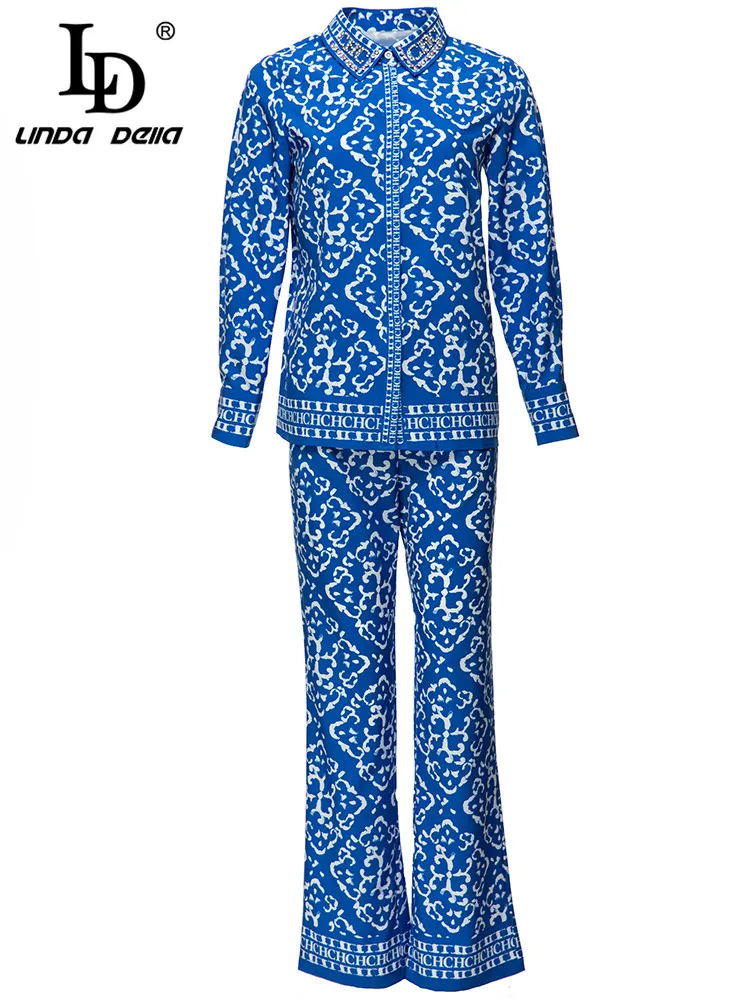 

LD LINDA DELLA Fashion Designer Spring Pants Suit Women's Turn-down Collar Beading Printed Shirts and Pants 2 Pieces Set