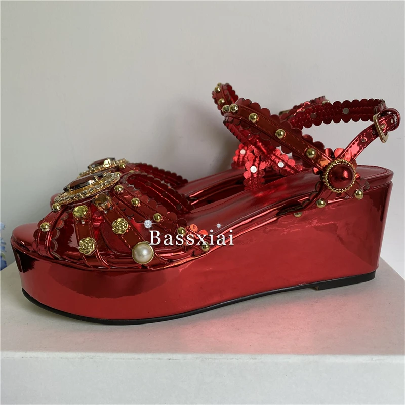 Luxury Rivet Beads Decor Modern Sandals Women Patent Leather High Wedges Platform Crystal Diamond Buckle Party Shoes Summer view 5