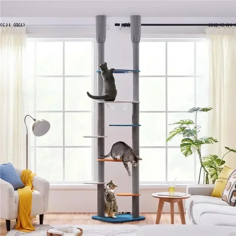 

Cat Tree, Floor to Ceiling with 95-103in Adjustable Height, 6 Scratching Posts, Clear Cat Bed & Platforms, Sturdy Climbing Tree