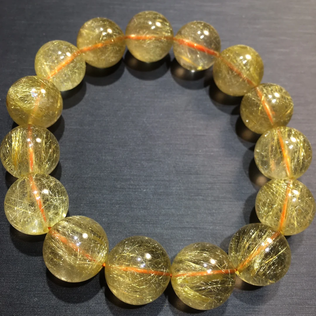 15mm Natural Gold Rutilated Quartz Bracelet Jewelry For Women Men Brazil Healing Crystal Gift Round Beads Stone Strands AAAAA