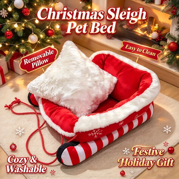 Christmas Sleigh Bed Removable Washable Plush Pet Warm Sofa with Non-Slip Base Christmas Cat Dog Nest for Winter Indoor Outdoor
