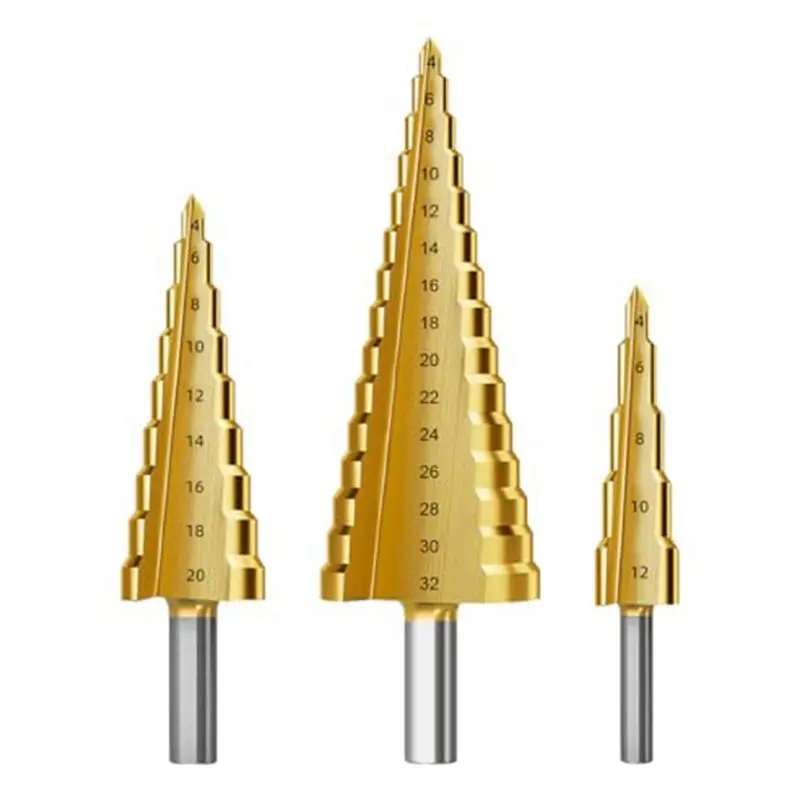 

Step Drill Bit Set, 3Pcs Titanium Step Drill Bits, Metric 4Mm To 32Mm Drill Cone Bits For Metal, Wood, PVC-AT30