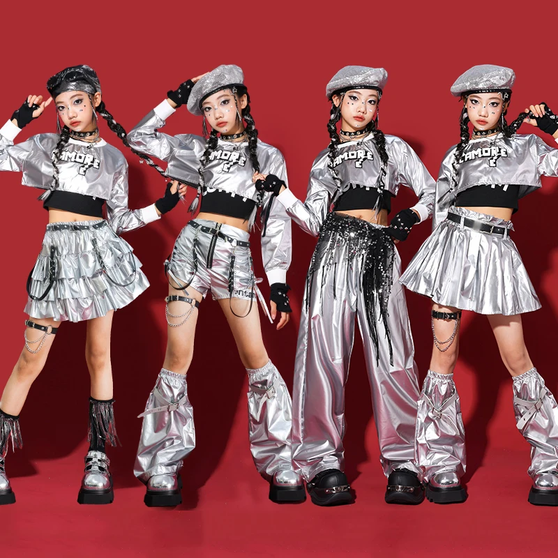 

Синий танцевальный костюм Kpop для девочек, джазовый наряд, белый укороченный топ, джинсовая юбка, сценический костюм для джазового выступления, детская модная уличная одежда AMY2958