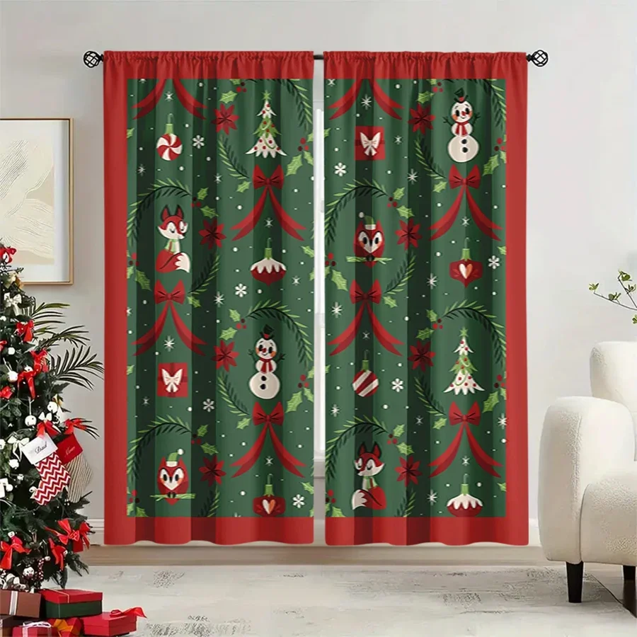 2PCS Christmas Winter Curtains, Cartoon Fox Snowman Owl Bow Tree Green, Digital Print, Bedroom Living Room, Home Decor