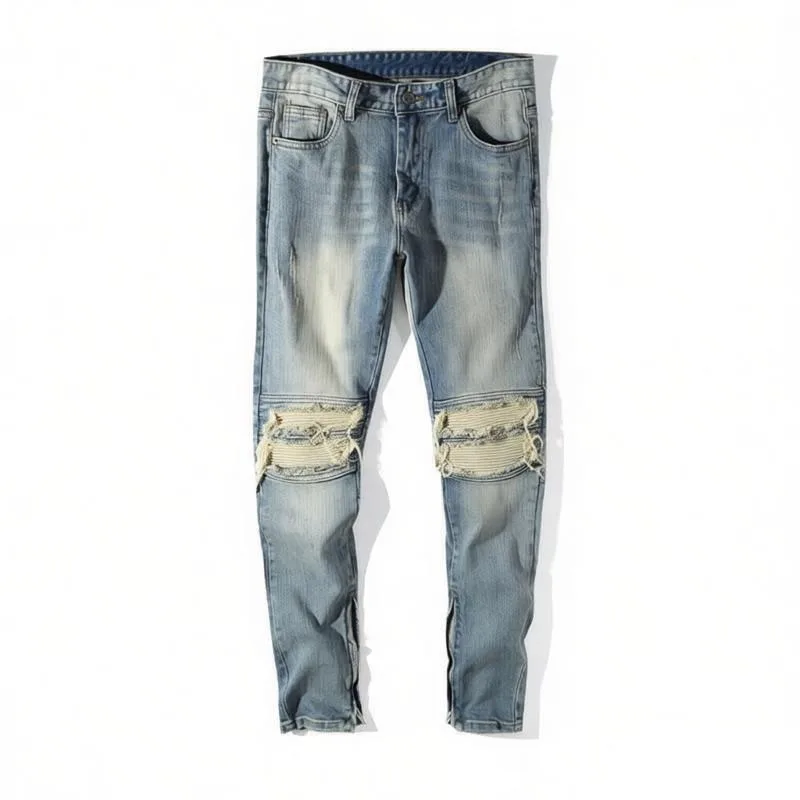 

Мужские мотоциклетные джинсы с молниями на штанинах, синие/черные, облегающие, в стиле High Street, с пэчворком, мужские джинсовые брюки