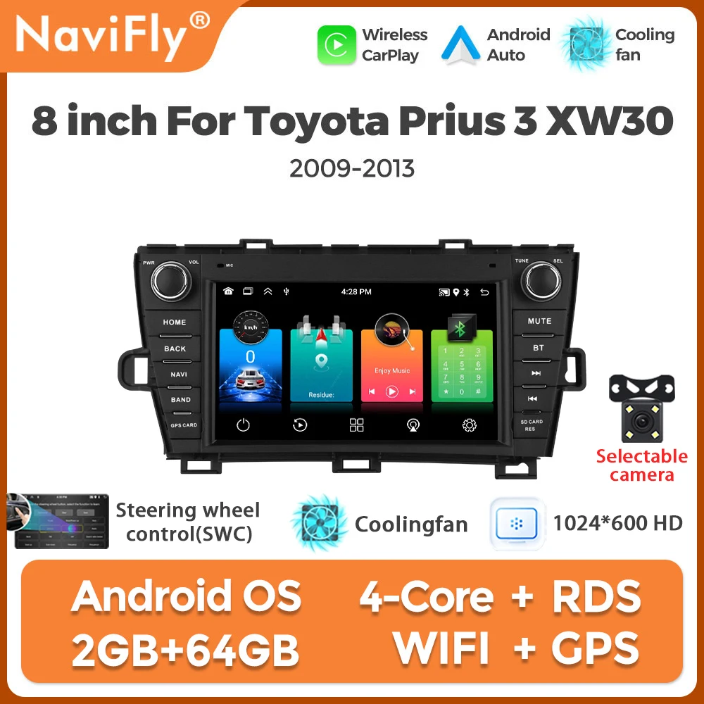 2+64GB Android Car Radio Wireless Carplay For Toyota Prius 3 XW30 2009-2013 Autoradio Multimedia Player Auto BT GPS Cooling Fan