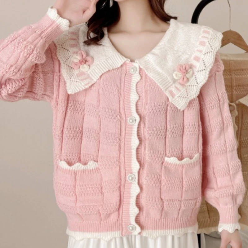 

Matakawa Pink Cardigans Sweet Bows Japanese Style Peter Pan Collar Kawaii Women Sweaters Fashion Autumn Winter Sueter Mujer