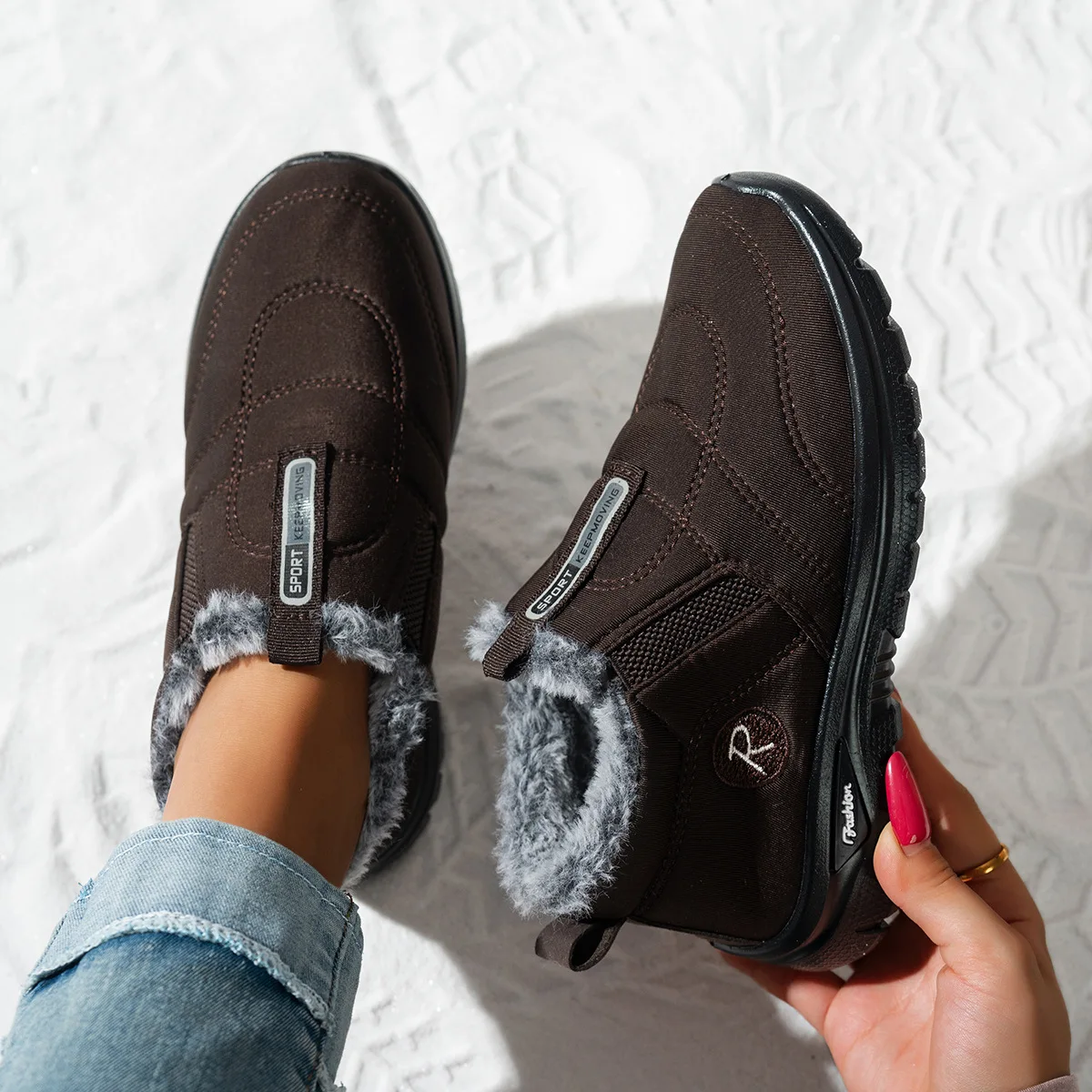 Damen-Knöchel-Schneestiefel, wasserabweisend, mit Plüsch gefüttert, seitlicher Reißverschluss, rutschfeste flache Sohle, warme, lässige Winter-Kurzstiefel – Detail 4