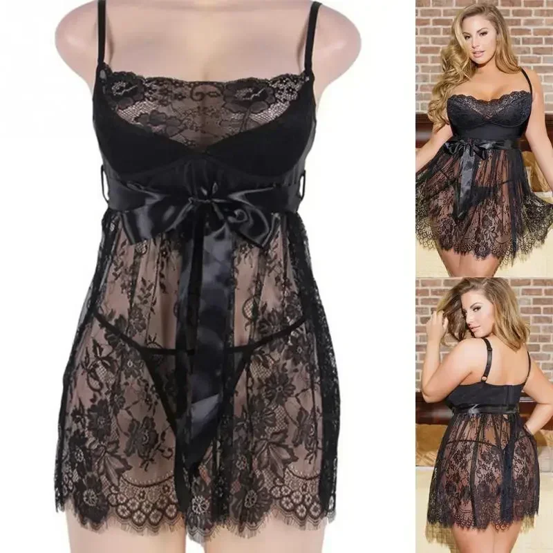 Sexy Lingerie Plus Size Erotic Babydoll Underwear Women Lace See Through Dress with Panties Set 5XL Porno Costumes Sleepwear