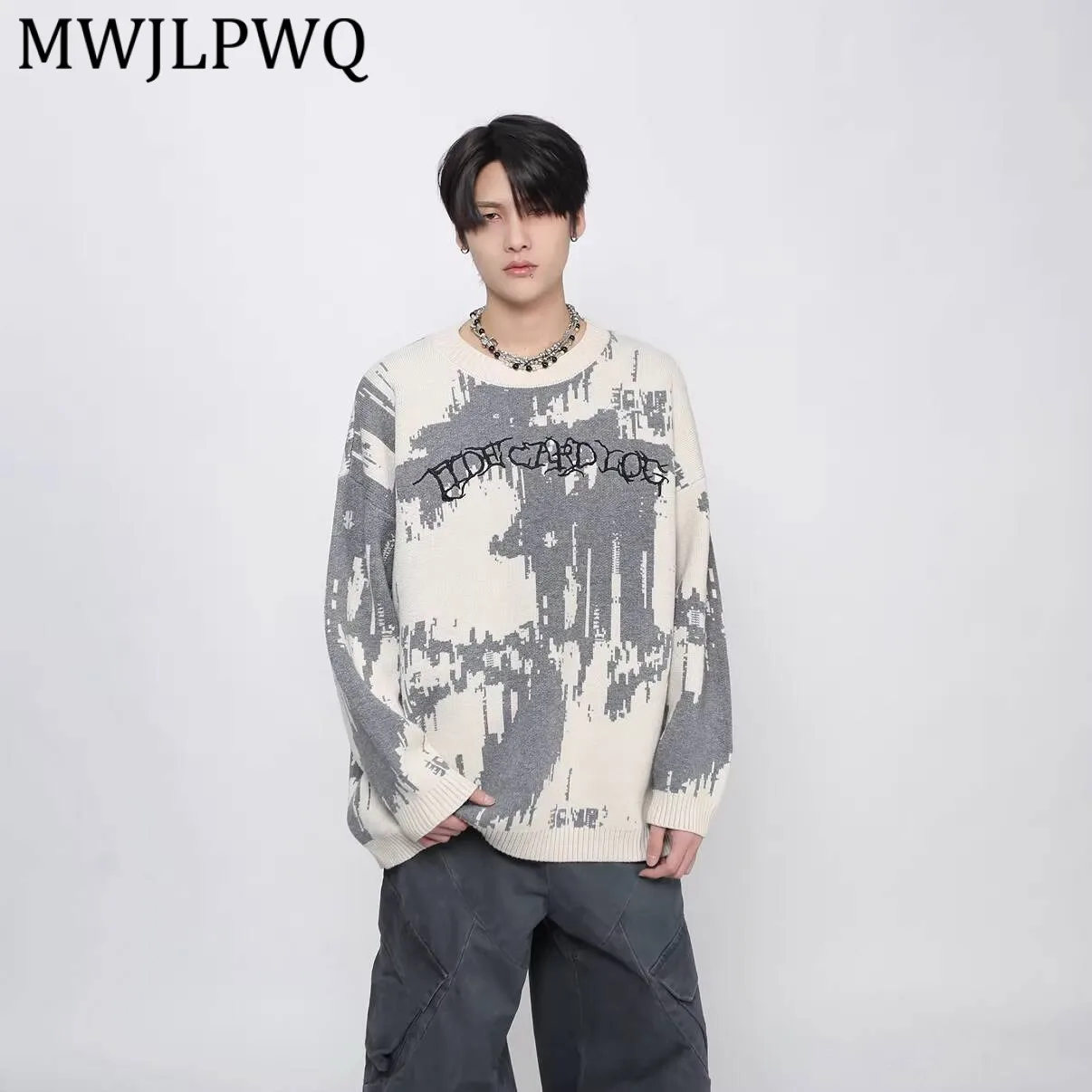 

MWJLPWQ Осенне-зимний свитер с вышивкой и эффектом тай-дай, мужской американский уличный свитер с круглым воротником, свободный вязаный повседневный топ для пар 13567