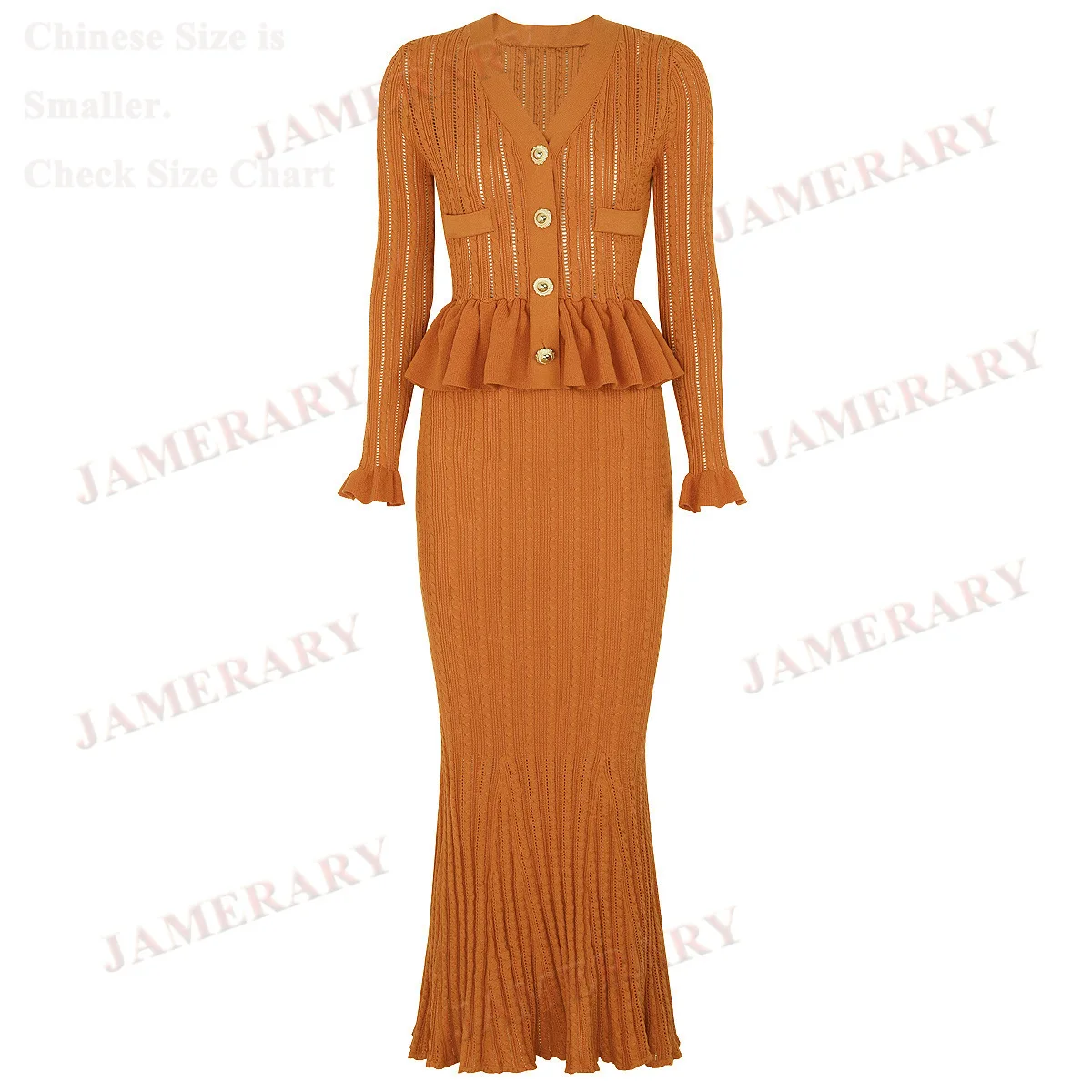 

Summer Hollow Out Ruffle Knitted Sweater Dresses Women Autumn Long Sleeve Midi Sheath Dress Lady Single Breasted Twisted Vestido