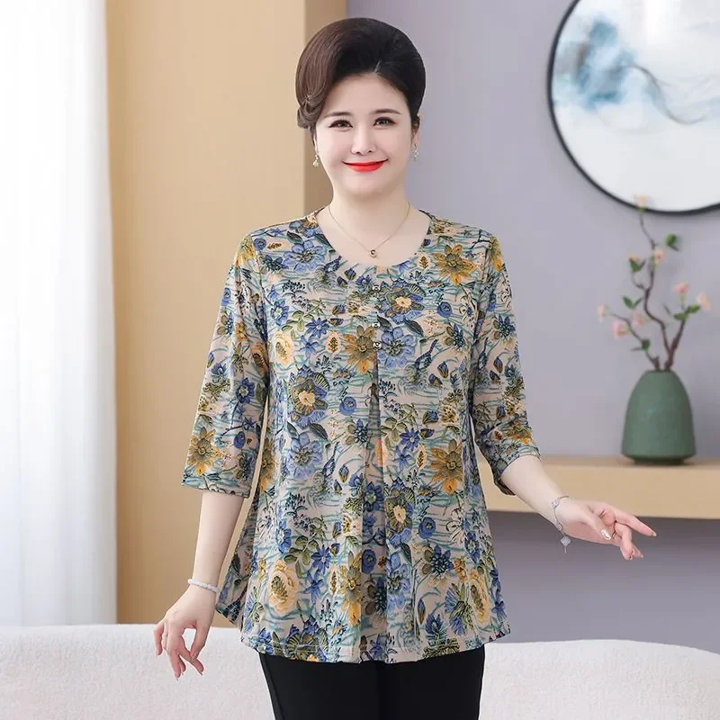 Women's Plus Size Floral Print 3/4 Sleeve Blouse Casual Loose Middle Aged Tunic Top