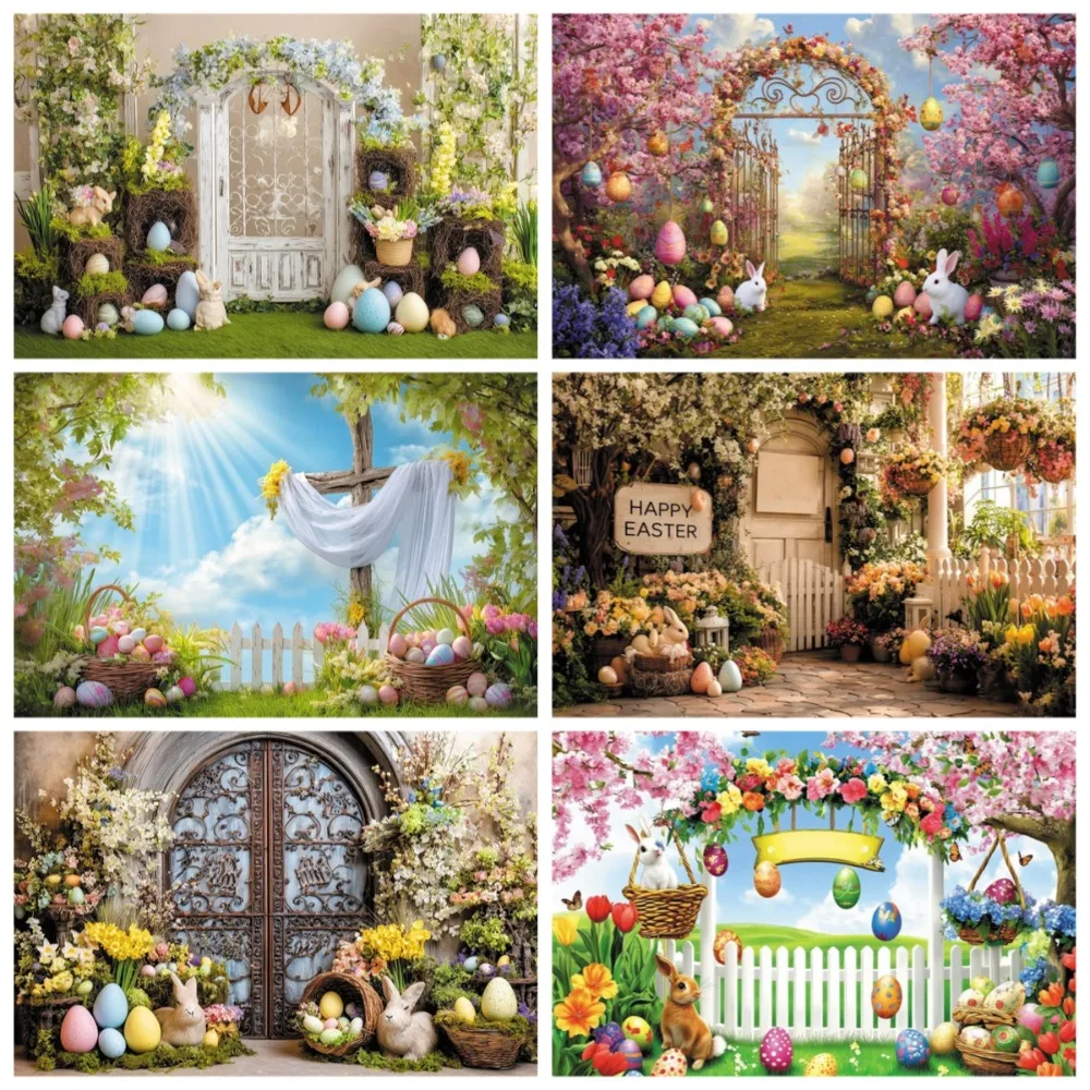 

Spring Easter Garden Fence Flowers Egg Rabbit Photography Background, Children's Birthday Party Decoration Photography Backdrop