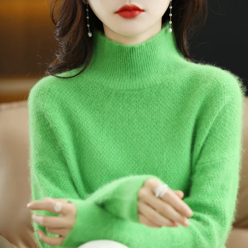 2023 New Autumn and Winter Wear Half Turtleneck Mink Fleece Sweater Women's Knitted Pullover Korean Version Loose Rice Grain Top