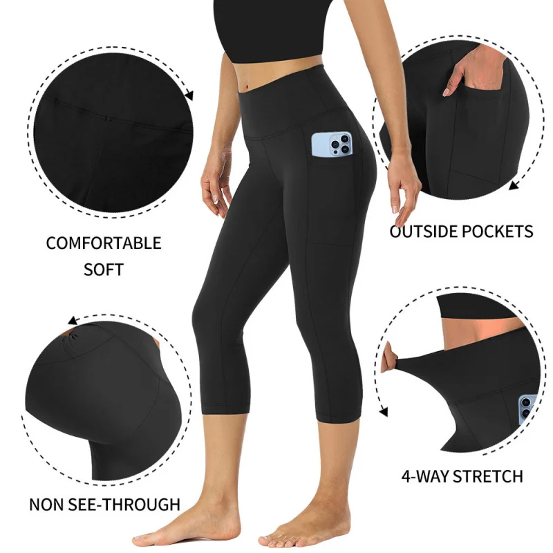 Cross-border European and American style pocketed 3/4 yoga pants for women, high-waisted, tummy-controlling, tight-fitting, suit — купить у AliExpress WW