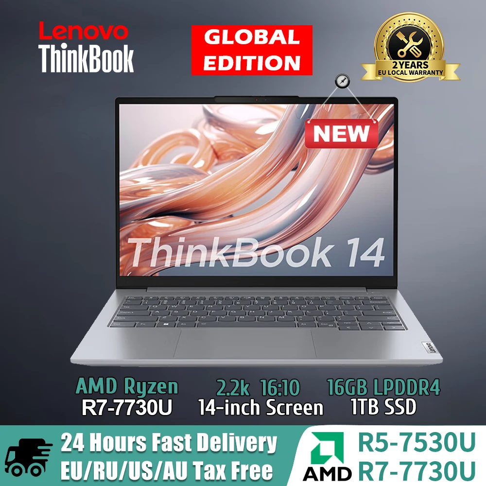 Lenovo ThinkBook 14 แล็ปท็อป AMD R5 7530U/R7 7730U Radeon กราฟิก 16GB RAM 1TB/2TB SSD 14 นิ้ว 2.2K Backlit คีย์บอร์ดโน้ตบุ๊ค Pc