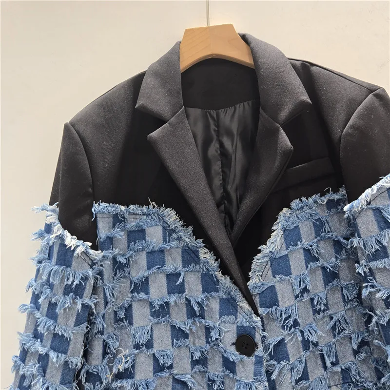 Mode gerafelde bramen geruit jasje losse casual gekerfde kraag contrasterende kleur denim lange mouwen stiksels dames blazers jas