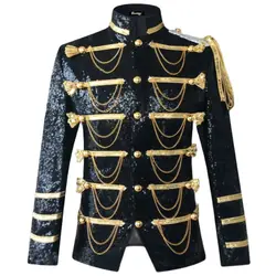 Blazer de lentejuelas brillantes para hombre, vestido militar con cadena brillante, esmoquin, traje, chaqueta, club nocturno, espectáculo de escenario, Cosplay, Masculino