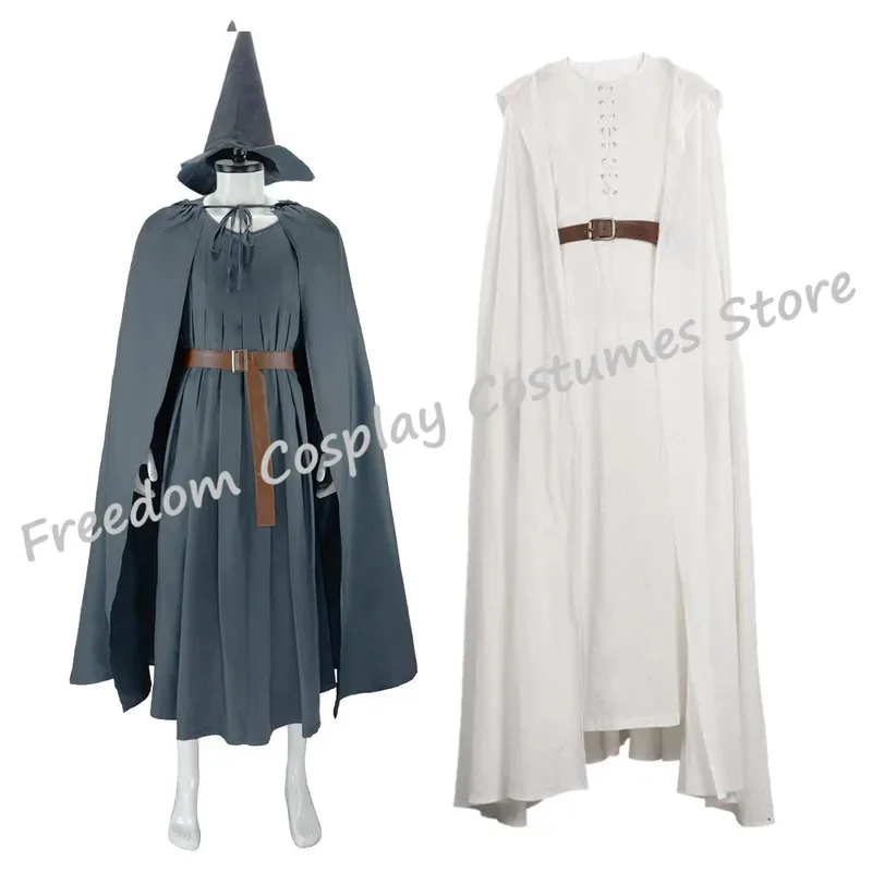 Disfraz de mago Gandalf Hobbit, mono largo con capa blanca y gris, con sombrero, cinturón, Halloween, Navidad, Carnaval, conjunto completo